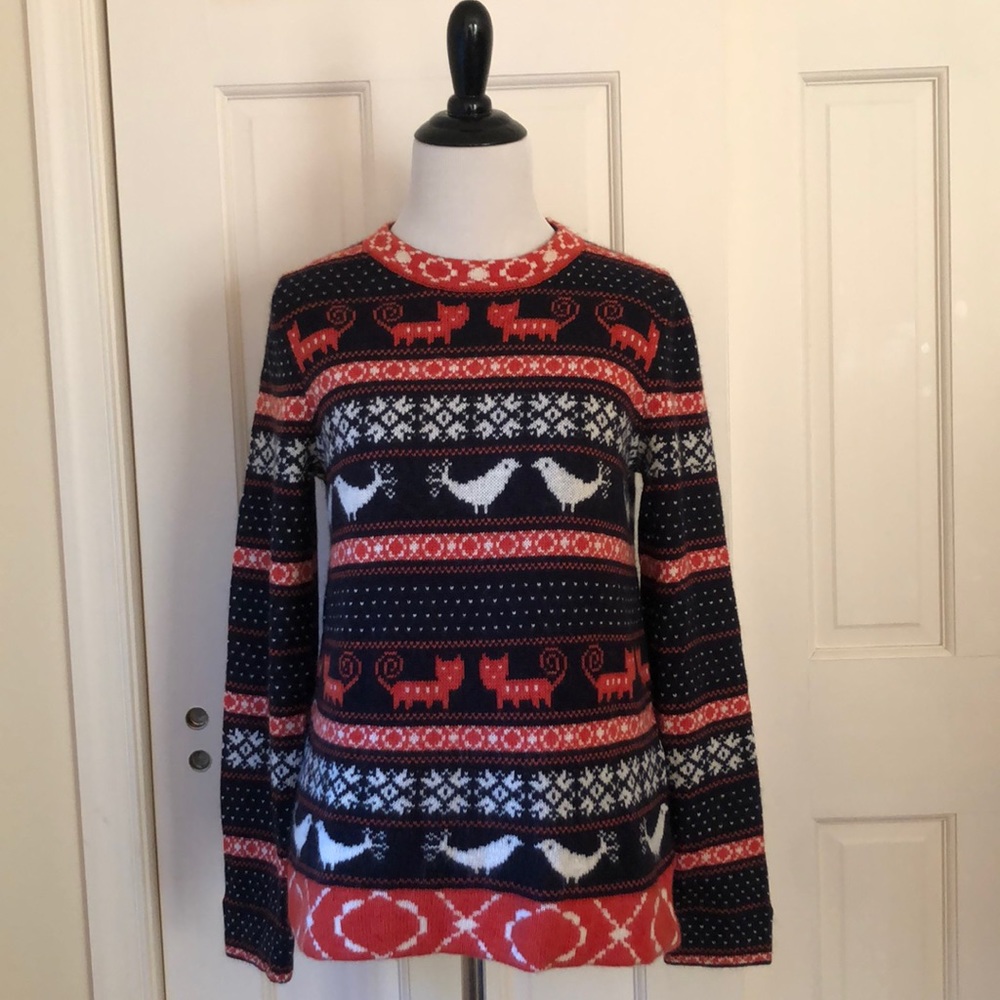 J. Crew Farmyard Fair Isle Sweater - Cat & Bird Pattern - Button Back